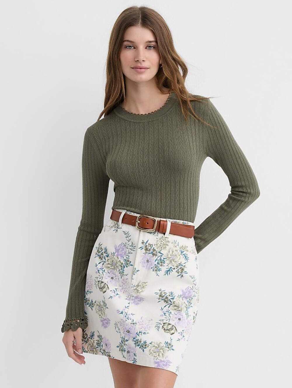 LOFT Crochet Trim Pointelle Sweater (green)